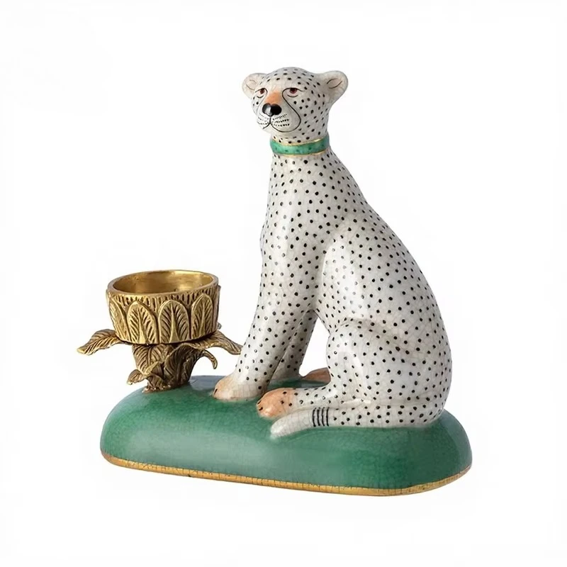&c Leopard Statue Porcelain Dotted Cheetah Sculpture and Candle Holder for Home Decor Elegant Living Room Accent