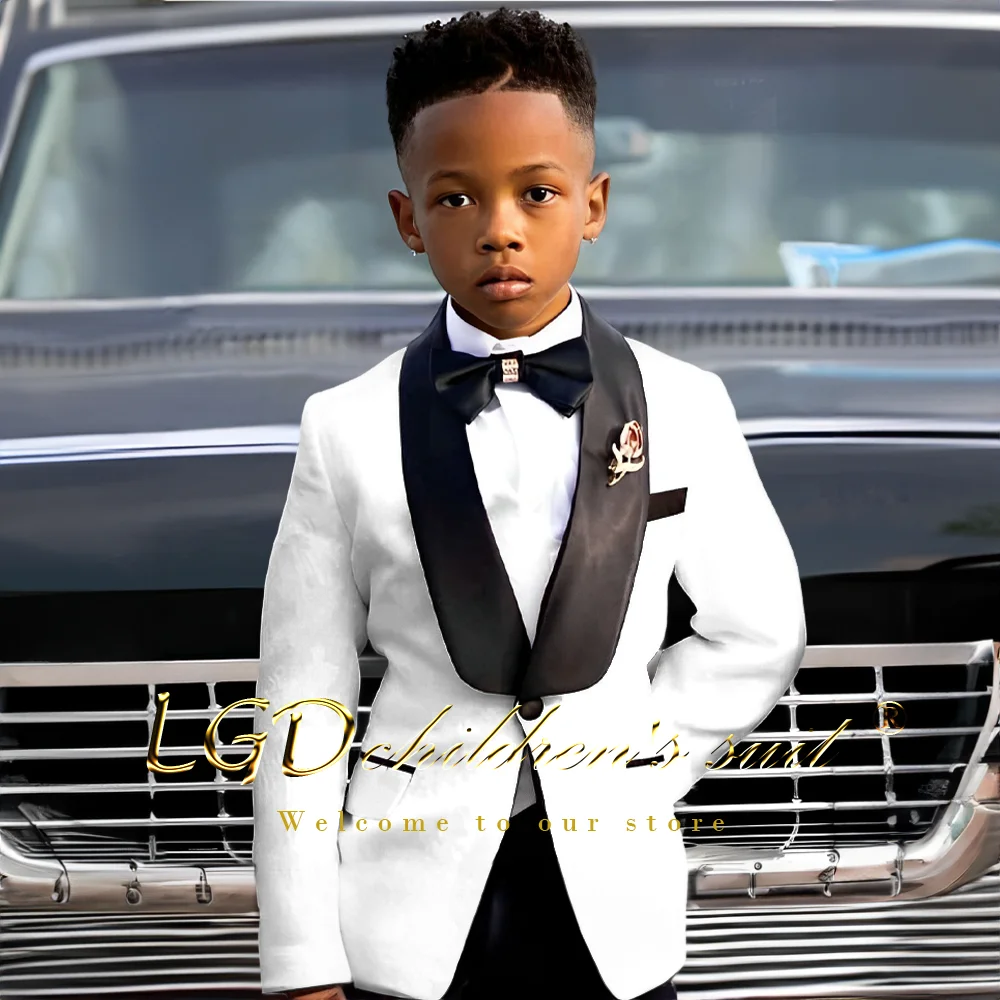 Boy's shawl collar suit 2-piece wedding suit (white jacquard top + black trousers) suitable for children aged 2 to 16 years old