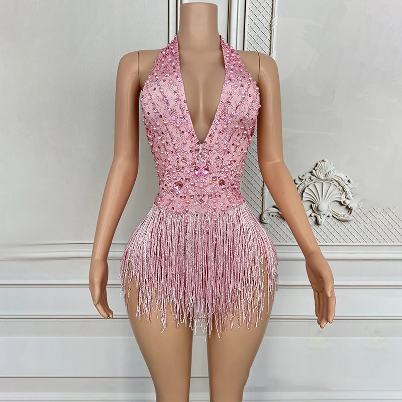 

Bar Nightclub Ds Dj Gogo Dancer Costume Full Pearls Fringed Bodysuit Women Pole Dance Clothing Stage Performance Outfit XS8331