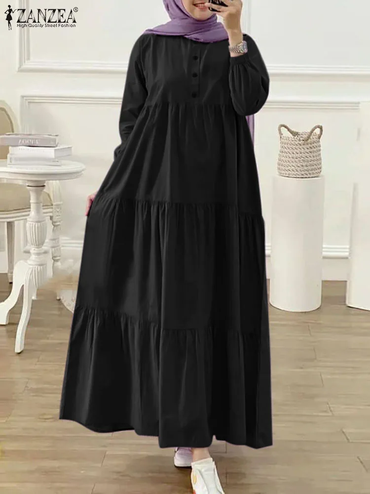 ZANZEA Women Muslim Long Dress Fashion Abaya Long Sleeve Solid Robe Elegant Ruffles Maxi Sundress Islamic Clothing Hijab Vestido