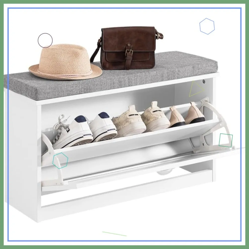 

Shoe Storage Bench with Padded Cushion, Narrow Entryway Cabinet, White Flip Drawer