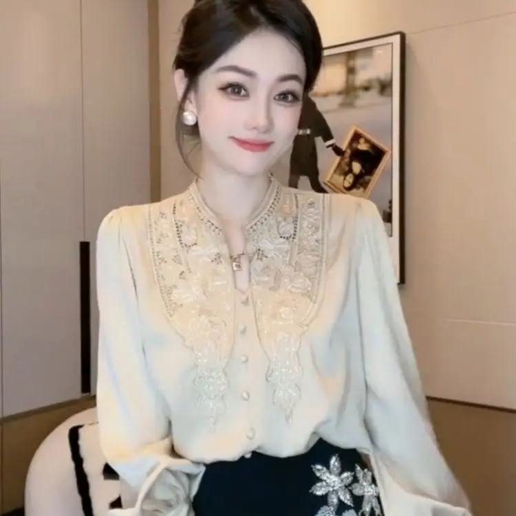 

Embroidered Slimming Blouse Women Spring New French Fashion Elegant Top