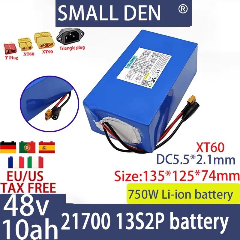 21700 48V 10ah lithium-ion battery pack rechargeable 13S2p 0-750W built-in BMS electric vehicle motor high power+2A charger