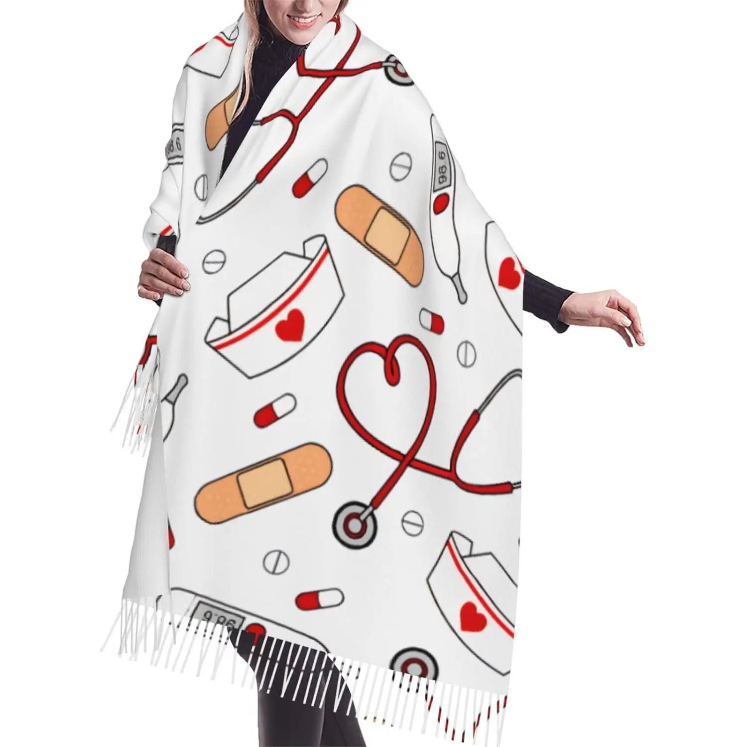 

Медсестра с принтом любви, белый шарф с кисточками из искусственного кашемира, зимний шарф, осенний мягкий классический теплый шарф