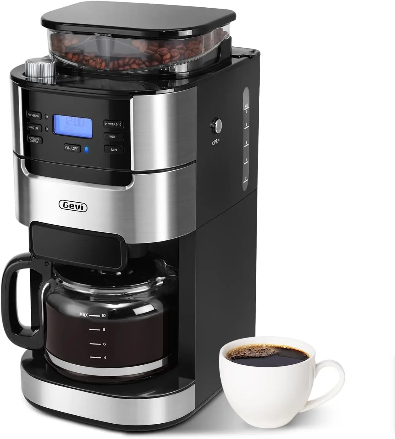 10-Cup Drip Coffee Maker with Built-in Grinder, Programmable Timer, 1.5L Tank, Auto Keep-Warm & Reusable Filter - Black