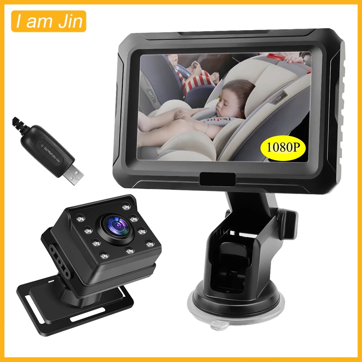 Car Rear View Monitor 4.3'' HD 1080P Screen Baby Car Mirror Adjustable Wide View Angle for Infants Kids Pets Night Vision Camera