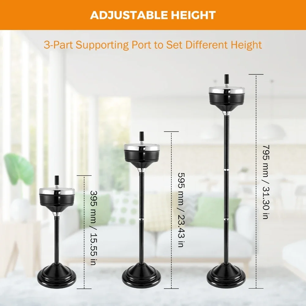 Stylish Floor Standing Ashtray Black Stainless Steel Smoking Ash Tray Vertical Rotating 3-level Adjustable Height Detachable