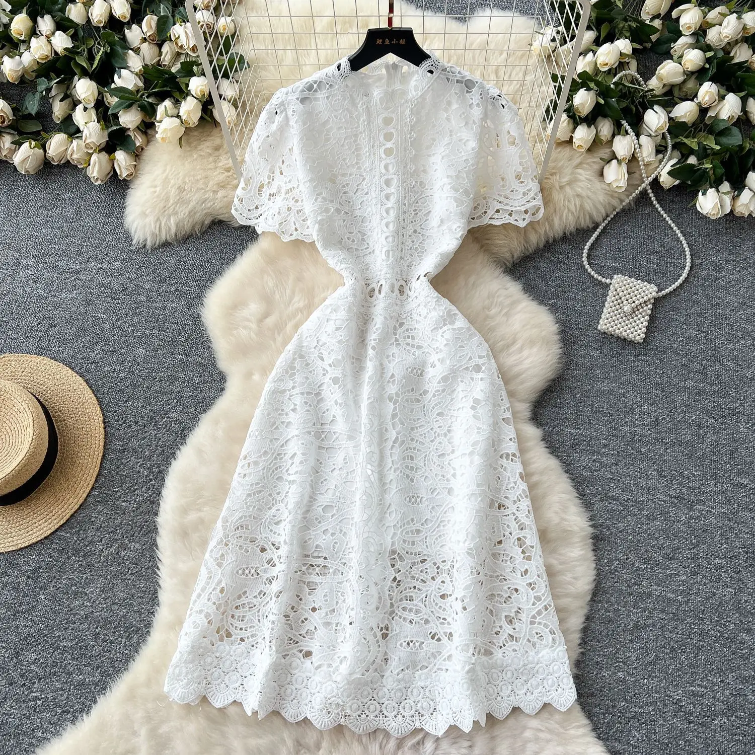 

Mini Dress Women White Dresses Lace Floral Slim Vestidos High Waist Party Night Club Short Sleeve Elegant Y2k Streetwear