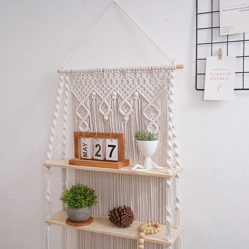 Wall Hanging Shelves Macrame Boho Floating Plant Photos Storage Rack Wood Shelf For Bedroom Living Room Bathroom