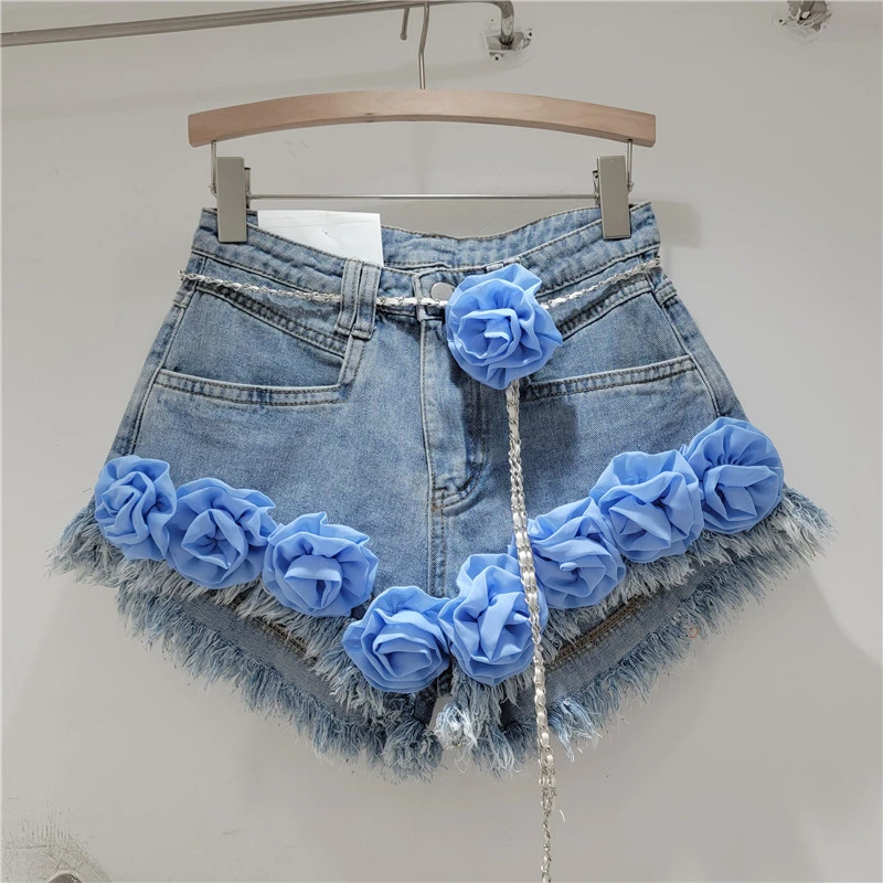 Design Sense Colorful Flower Decorative Ruffled Denim Shorts High Waist Loose Slimming All-Match A- Line Women's Clothing