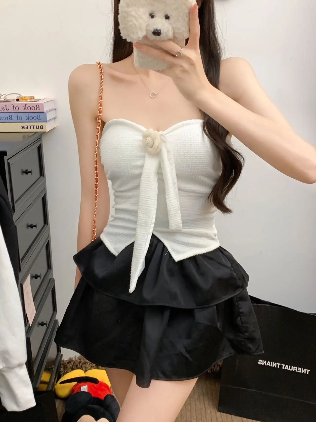 Elegant Floral Decorated Camisole Tank Top Women's Delicate Design Slimming Versatile Neck Hanging Strapless Summer Fashion