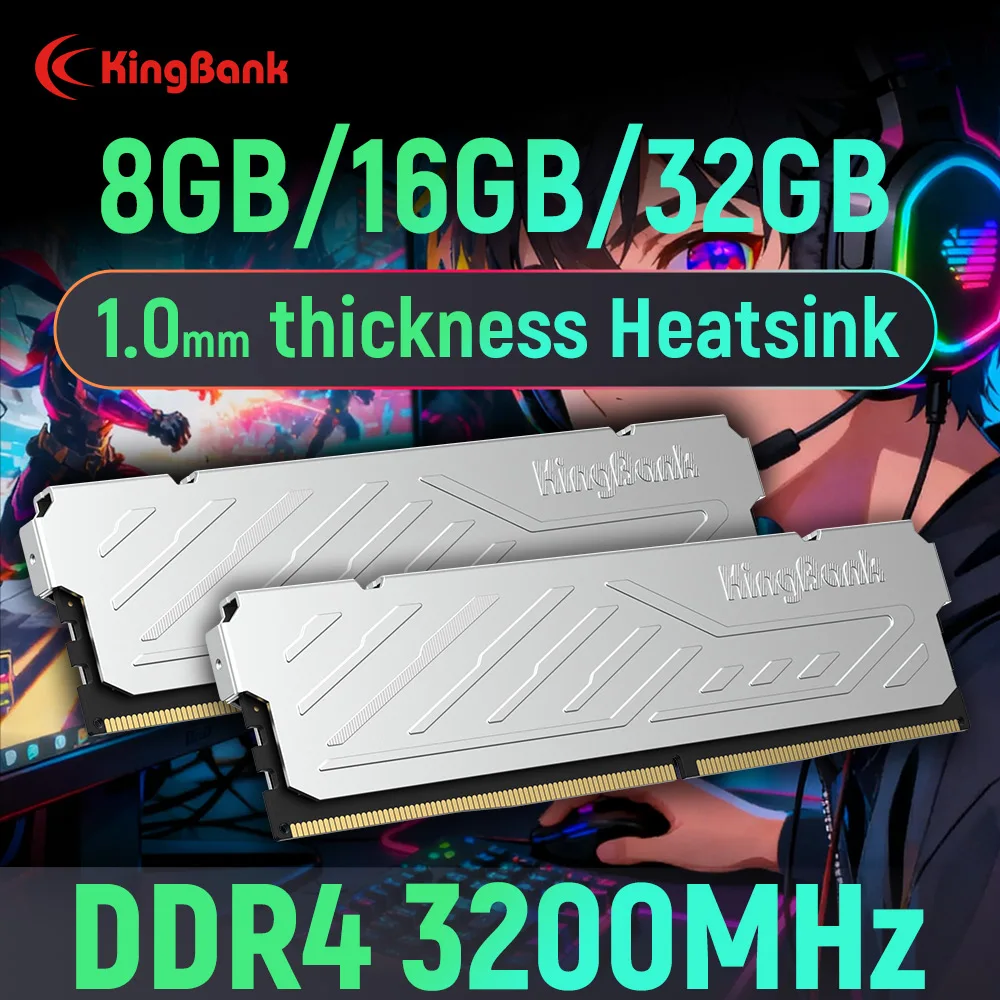 

KingBank KJXS DDR4 SILVER HEATSINK SERIES 8GB / 8GBx2 / 16GB / 16GBx2 / 32G 3200MHz XMP Dual Channel Kit Высокоскоростная оперативная память для компьютера