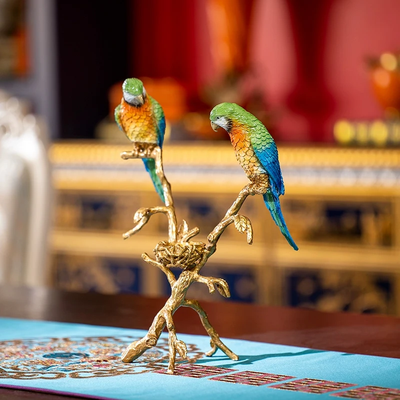 Brass Porcelain Parrots Sculpture For Home Tabletop Decoration 23cm 9 Inch High Hand Colored Gold Leaves Branch With Bird's Nest