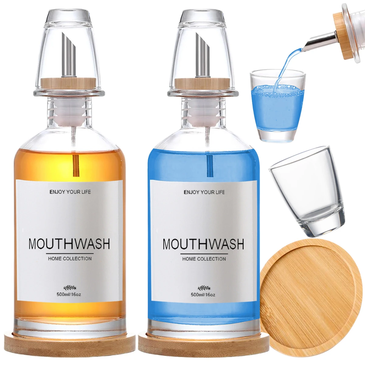 

Mouthwash Dispenser for Bathroom with Bamboo & Stainless Steel Pour Spout, Mouthwash Cups Reusable, Bamboo Tray, and Elegant Lab