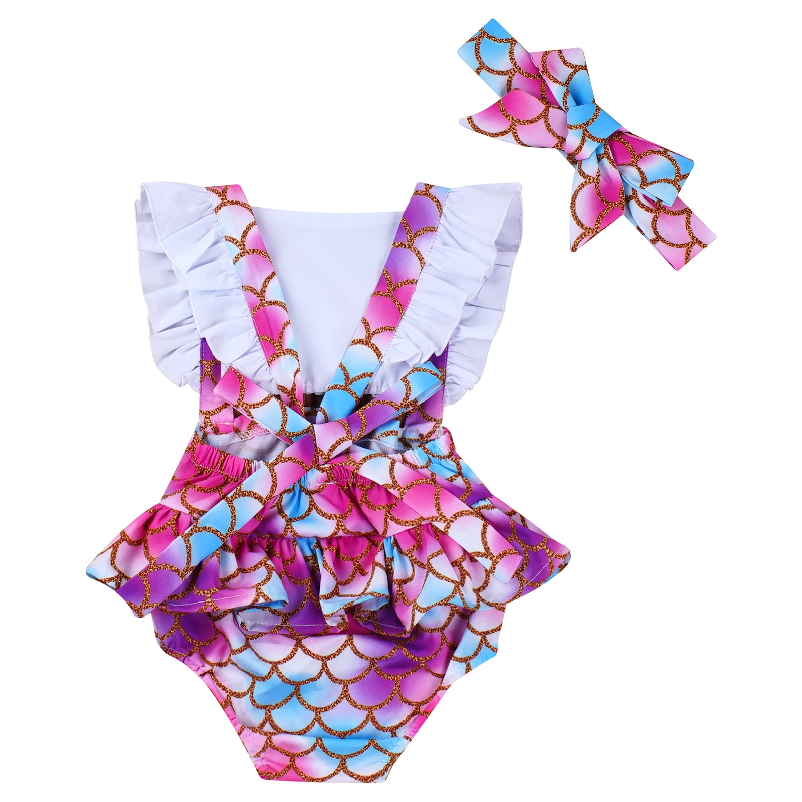 New Baby Girls Summer Costume Hollow Romper Fish Scales Print Ruffle Backless Bodysuit with Headband Sleeveless Lace-up Jumpsuit