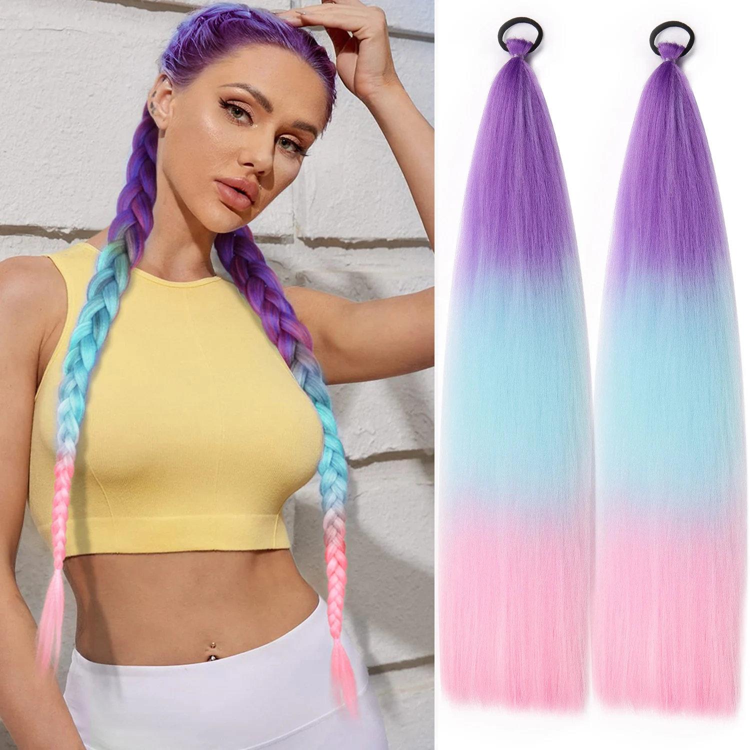 2pcs Braid Ponytail Extension with Elastic Tie Straight Sleek Wrap Around Braid Hair Extensions Synthetic Ponytail Natural Soft