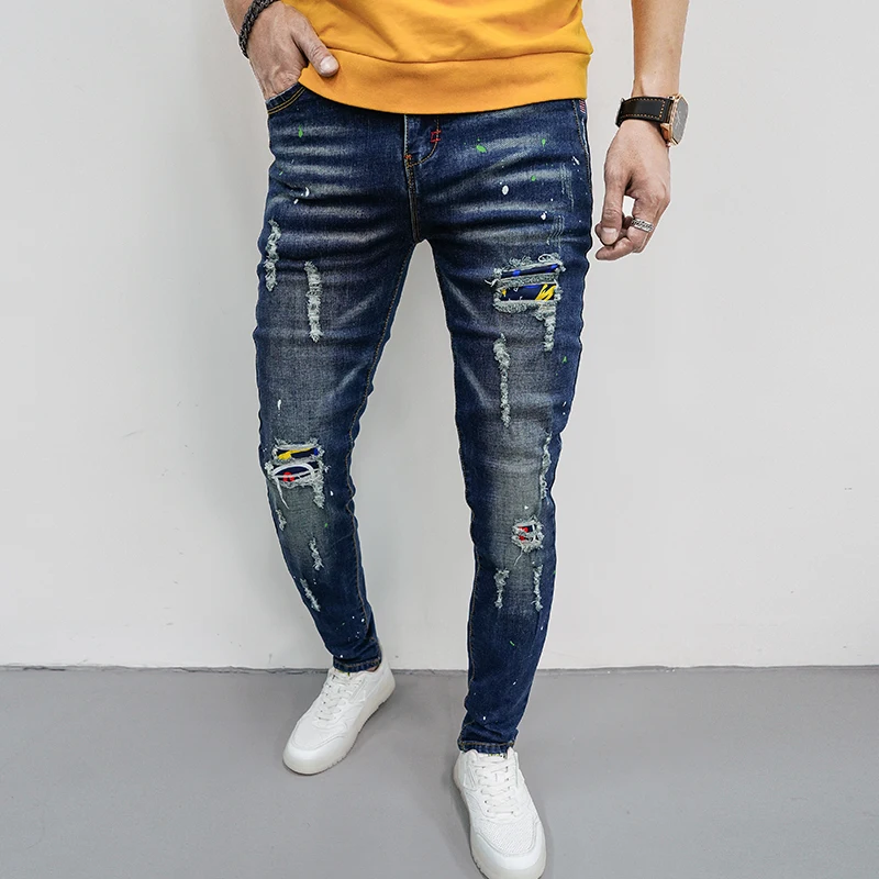 Ripped fashion trendy patch jeans men\'s high-end slim fit all-match Street retro fashion brand Pu Shuai skinny tappered pants