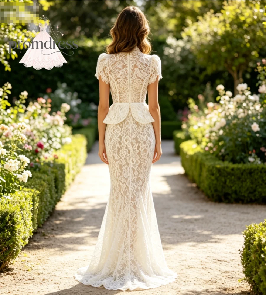 Romantic Mermaid Full Lace Wedding Dress With Peplum Short Sleeve Elopement Bohemian Bride Gowns 2026 Fitted Beach Garden Bodas