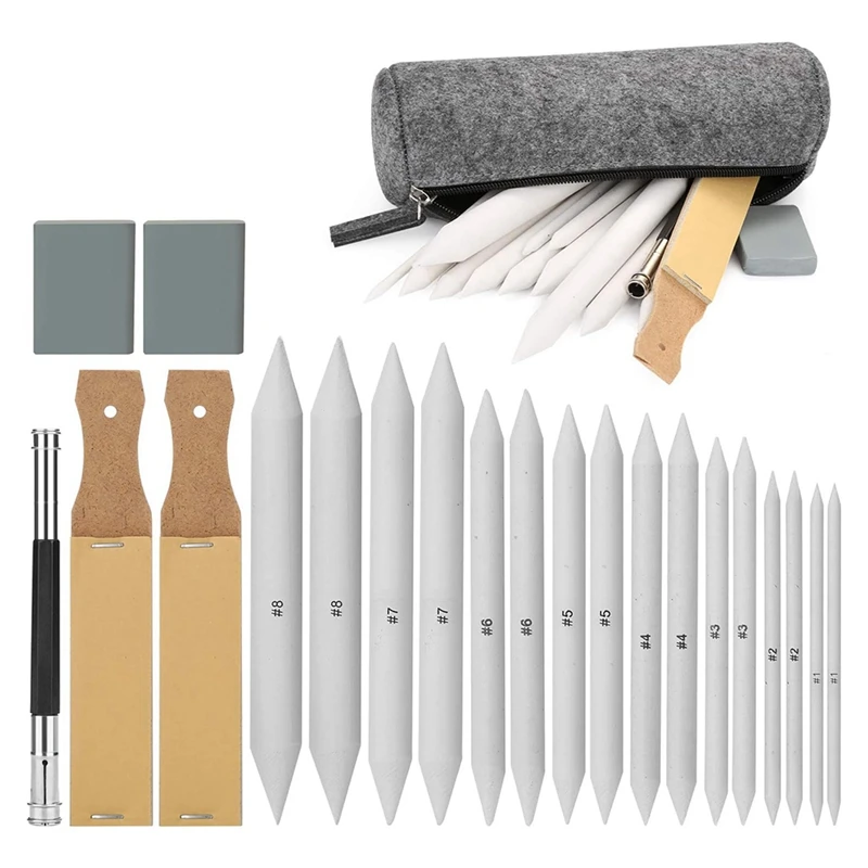 22 PCS Drawing And Sketching Tool Set: Includes 16 Blending Stumps, Dual Sandpaper Sharpeners, And Extension Tool