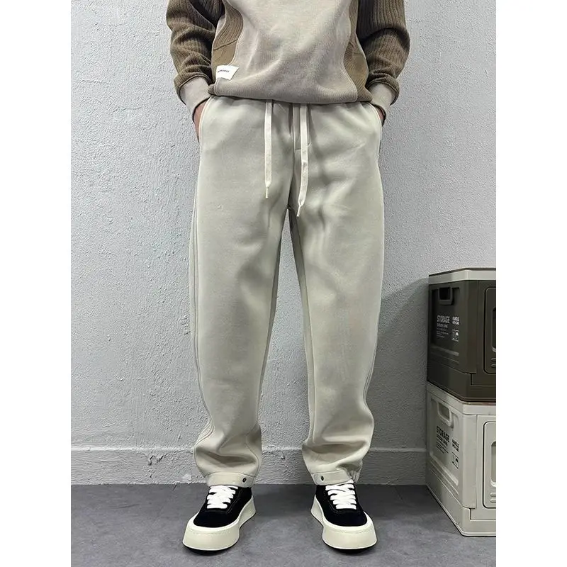 

Extra Large 300 Pou Dstring Elastic Waist Straight Leg Pants Men's Casual Spring Autumn Stripe Design Casual Pants