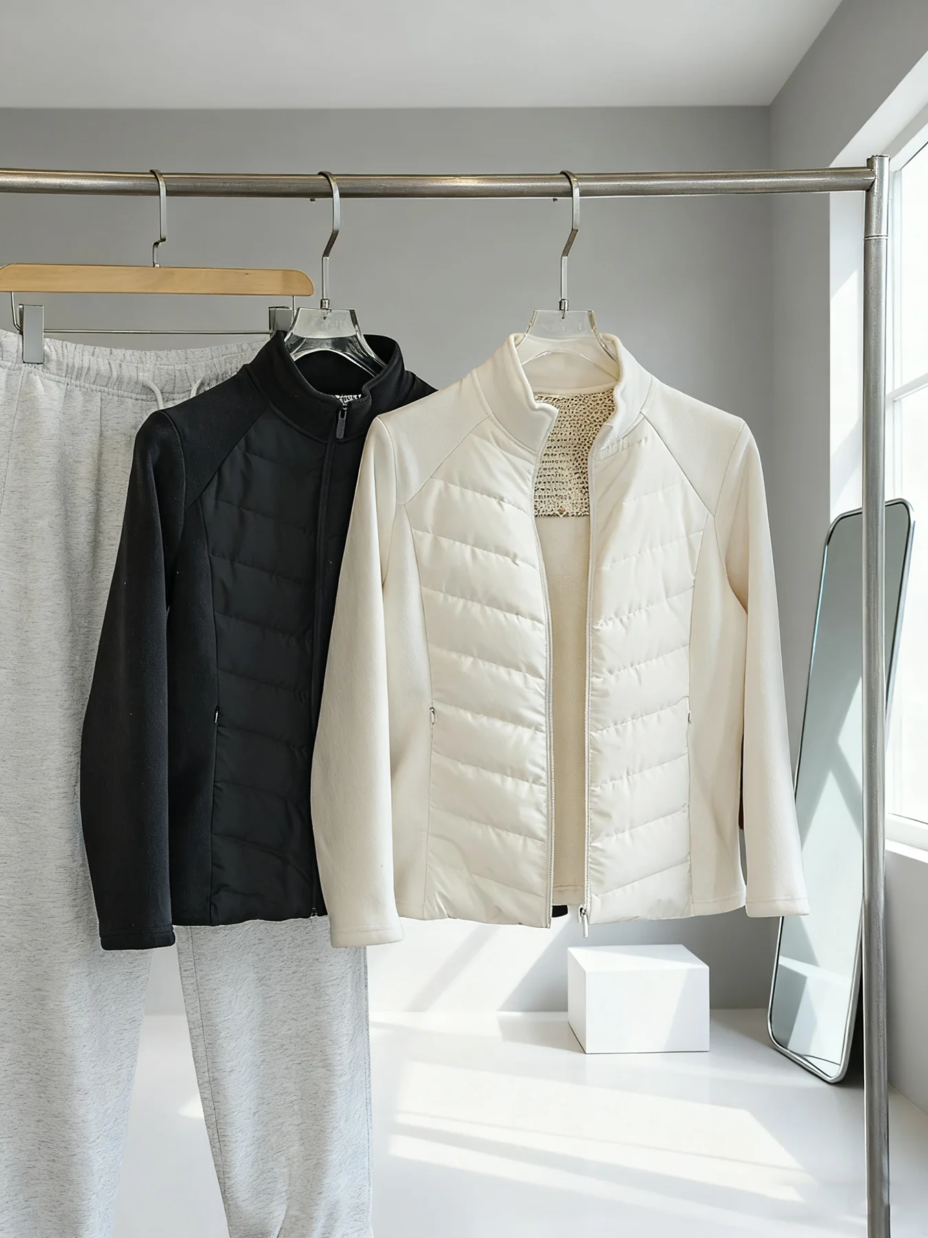 スリムフィット保温レディースダウンジャケットスタンドアップカラー無地スプライス長袖軽量通勤厚手コート