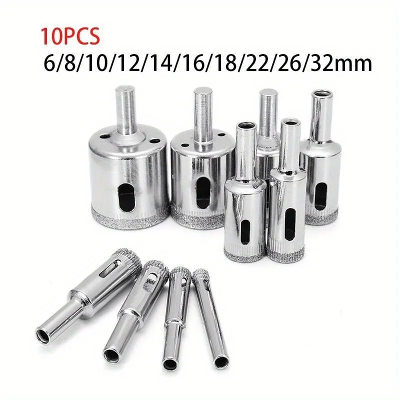 

10 шт. 6-32 мм набор алмазных сверл для стеклянной плитки, мрамора, гранита, корончатая пила, сверла, электрический сверлильный инструмент