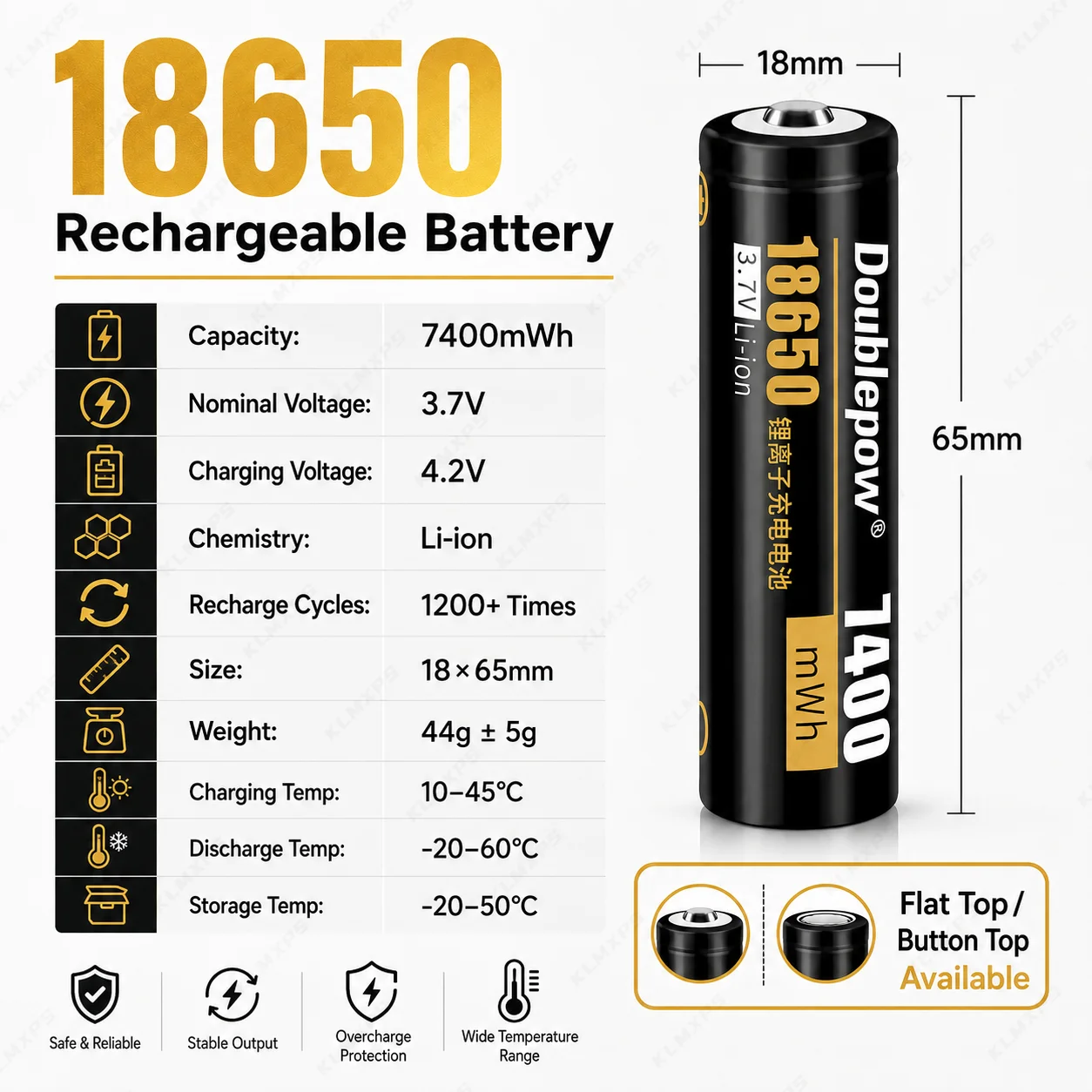 18650 3.7V Li-ion Rechargeable Battery 7400mWh High Power Replacement Battery For Flashlight