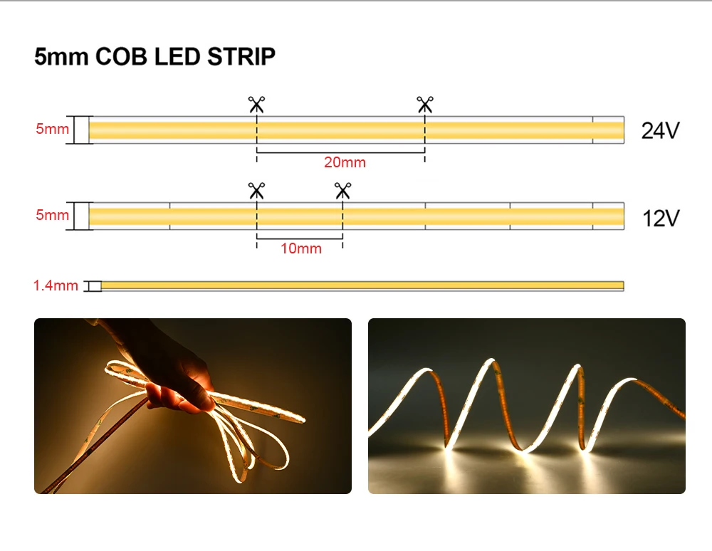 5mm Superdünner COB LED-Streifen 400LEDs/m Hohe Dichte Flexibles LED-Band Linear Dimmbar RA90 3000K 4000K 6500K Raumdekor-Beleuchtung – Detail 6