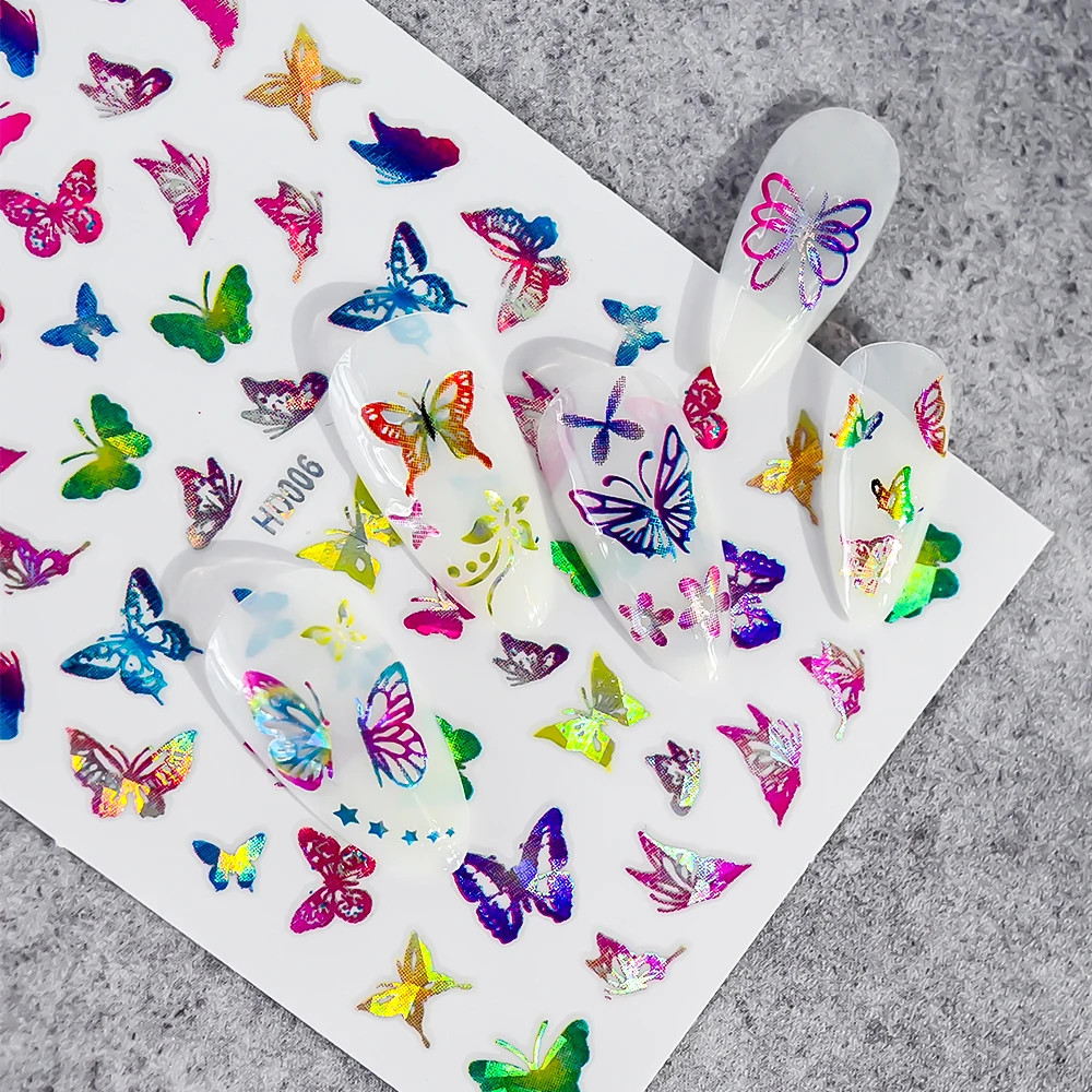 16Pcs สีสัน/เลเซอร์ทอง/เงินผีเสื้อ 3D สติ๊กเกอร์เล็บ 6.4*9.3 ซม.ผีเสื้อ Self-Adhesive Slider หรูหราเล็บ Decal