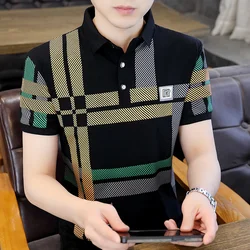 Summer Ice Silk Short Sleeve T-shirt Men's Korean Fashion High grade Cotton Printed Polo Collar Half Sleeve polo shirt Shirt