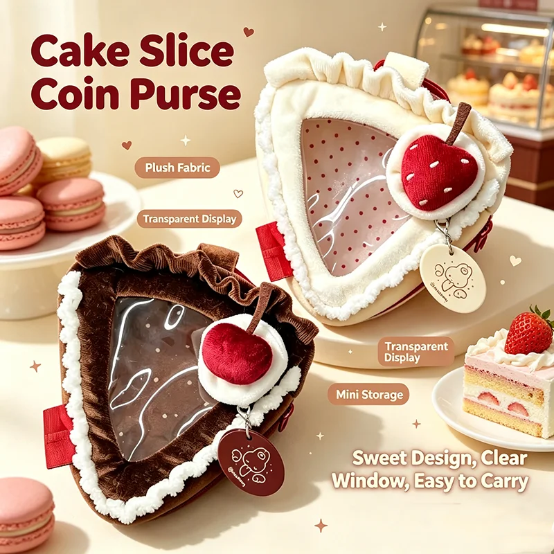 Cute Strawberry Dessert Slice Plush Coin Purse, Sweet Lolita Ruffle Transparent Display Pouch, Portable Mini Bag For Doll