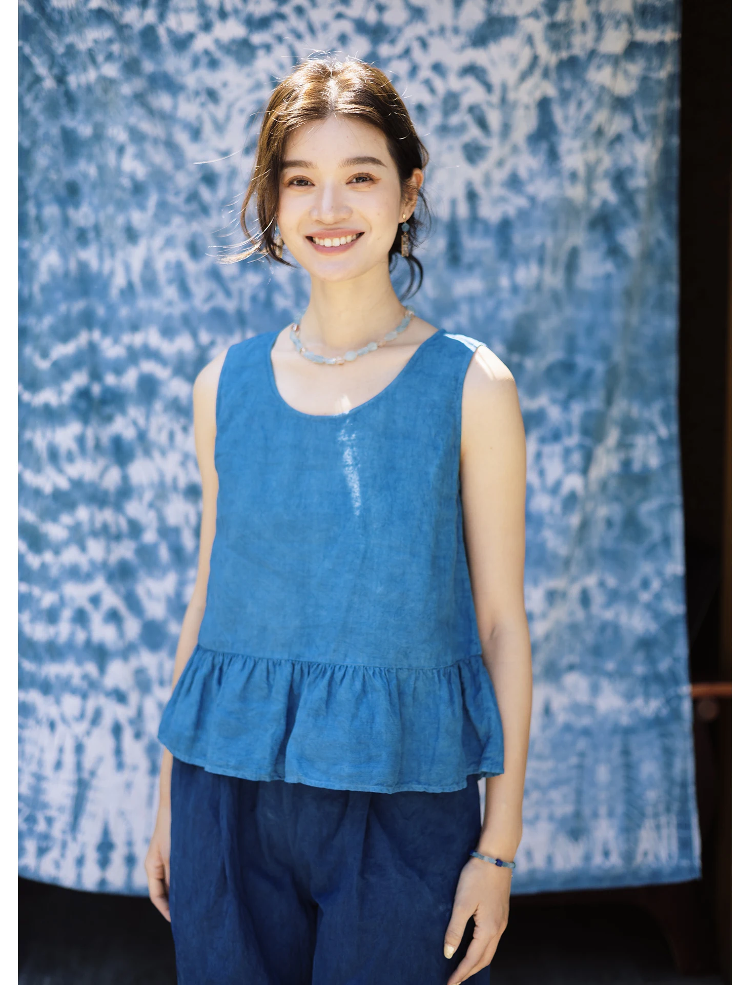 Blue Linen Women's Vest Top Natural Holiday Feel Inner Wear Casual Style round Neck Moisture Wicking Pure Color Daily Wear