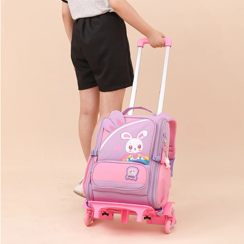 New Fashion Cartoon Children\'s School Bags with Wheeled Trolley Backpack Teenagers Girls Rolling Backpack Students Kids Backpack