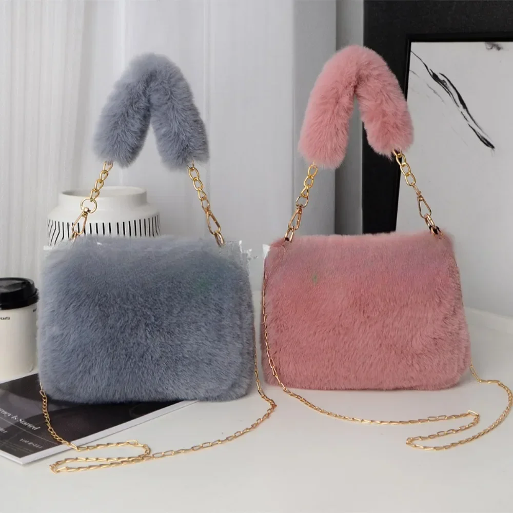 Fashion Women Fluffy Shoulder Bags Female Winter Chain Underarm Bag Solid Color Handbag Soft Plush Handle Bag