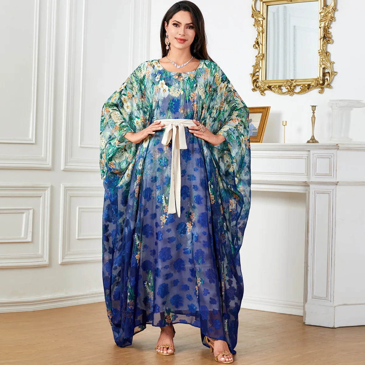 Ramadan Muslim Abayas for Women Long Dress Party Dubai Jalabiya Flower Print Morocco Eid Kaftan Islam Vestidos Lace Up Arab Robe