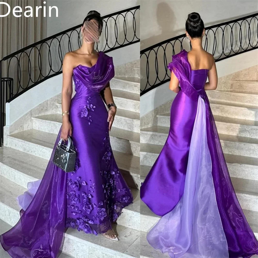 Customized Formal Dress Dearin One Shoulder Mermaid Floor Length Skirts Ruffle Tulle Applique Flower Bespoke Occasion Dresses Pr