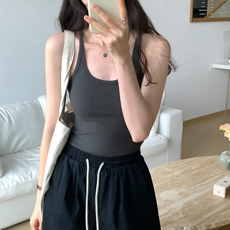 Summer New Solid Color Simple Women's Tanks Slim Casual Fashion Female Top Apricot Dark Grey Dark Coffee Black Tanks