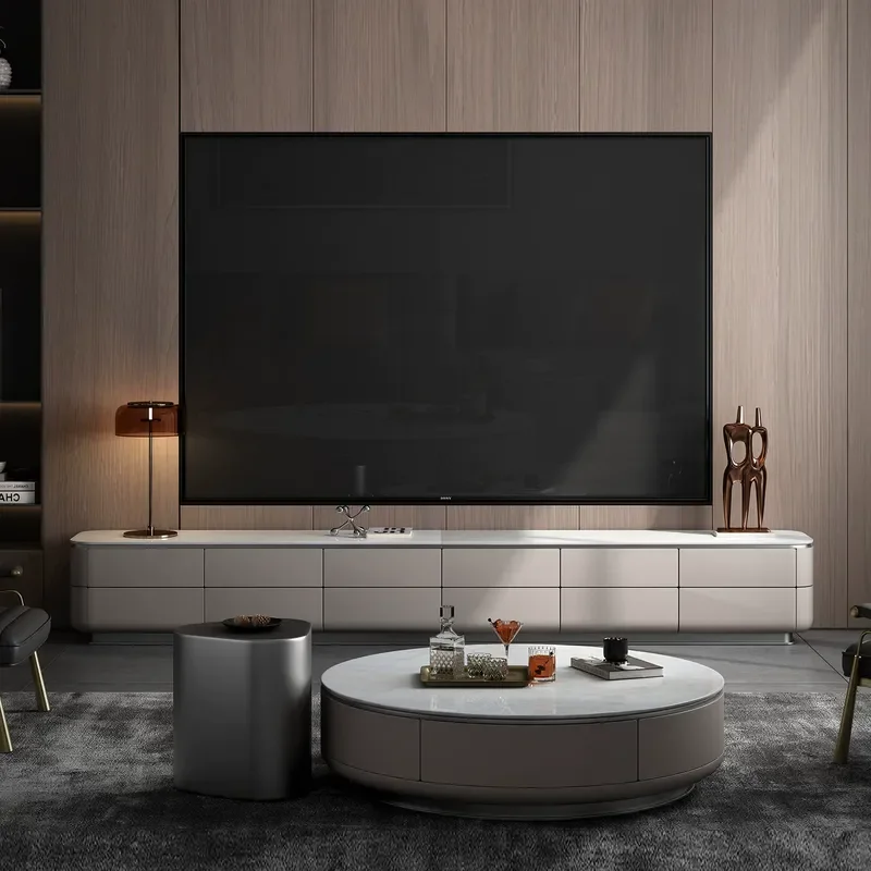 Italian Light Luxury Walnut TV Cabinet Villa Living Room Furniture High End Stone Media Console Customizable Modern Home