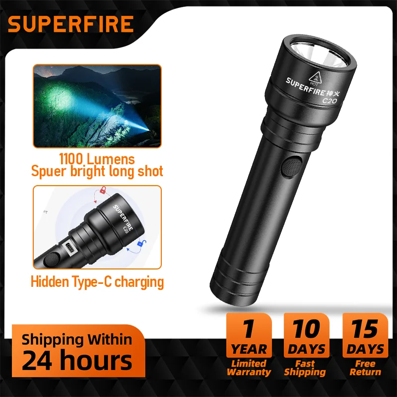 

SUPERFIRE C20 15W LED Flashlight Rechargeable Type-C Torch Portable Powerful Bright Flashlights Camping Lamp for outdoor light