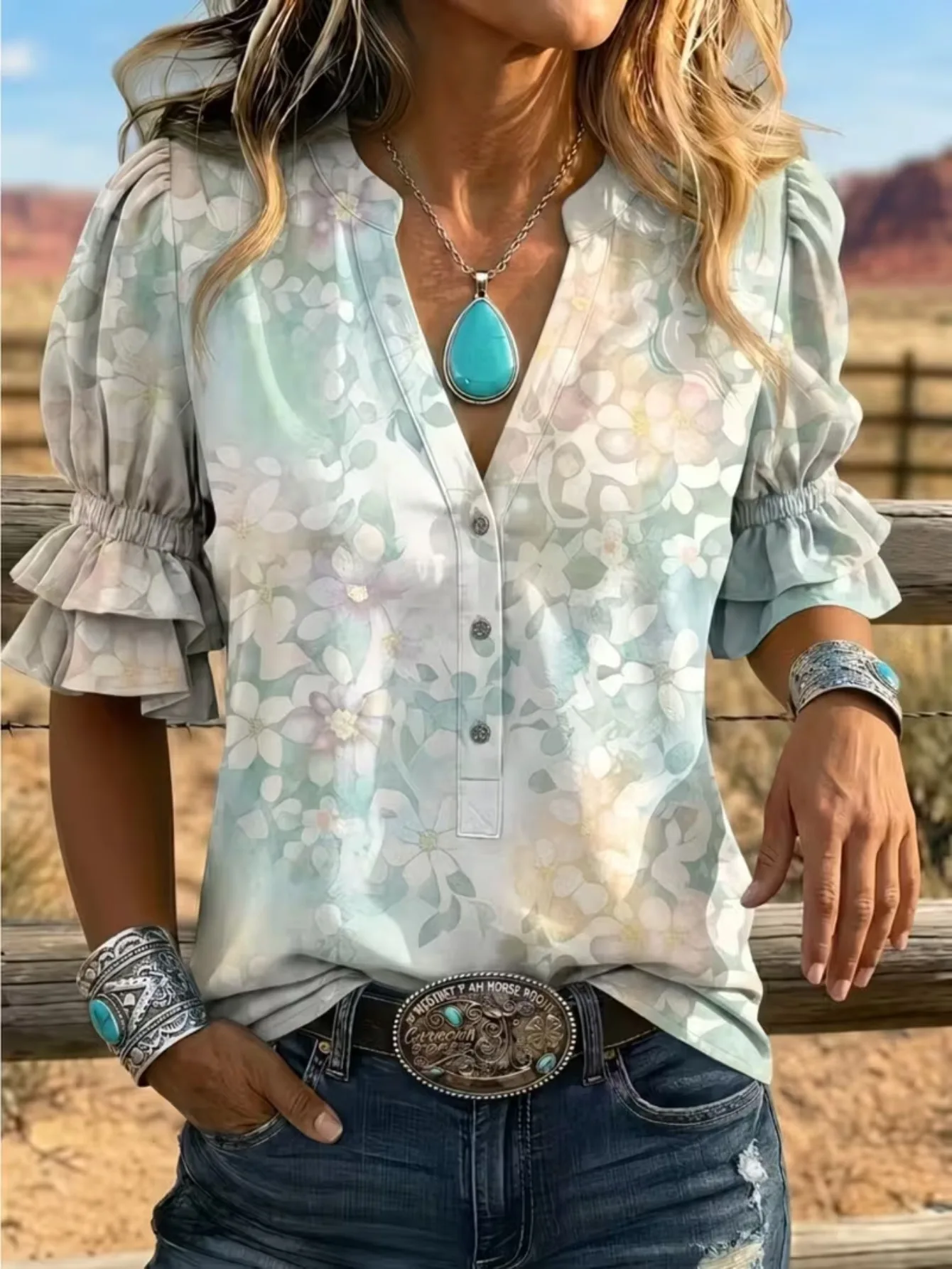Women Western Boho Floral Blouse, Light Sage Green White Half Button Collar Ruffle Puff Short Sleeve Summer Casual Top