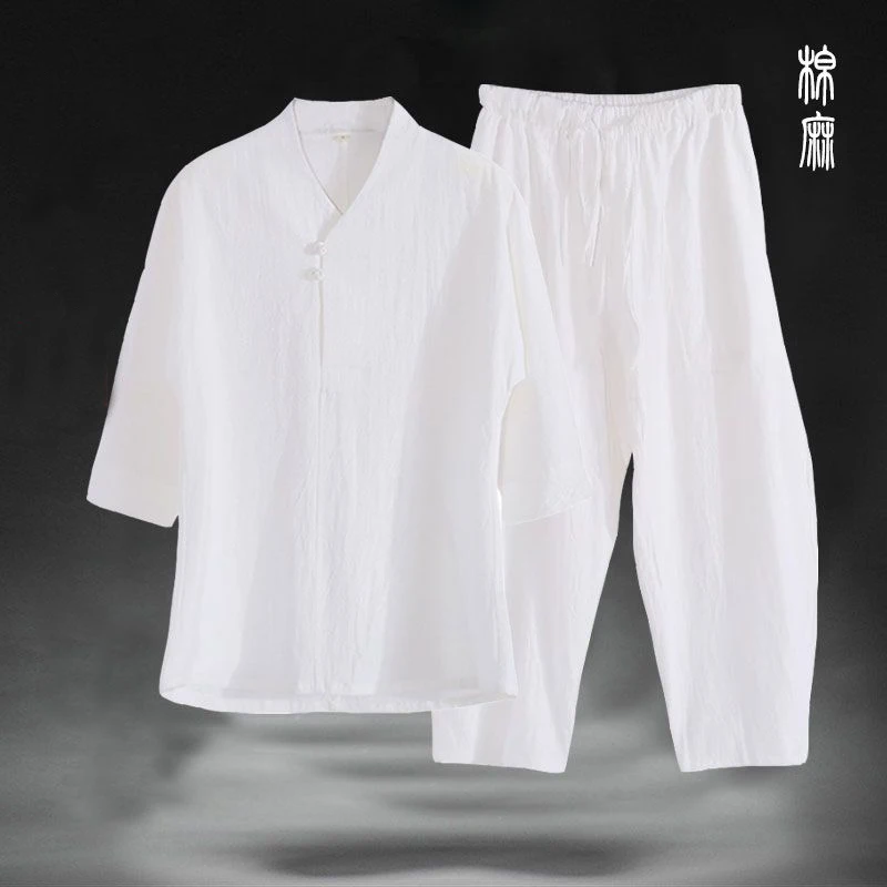 

Chinese Sle Cotton Linen V-Ne T-irt Yoga Meditation Practice Suit New Tang Costume ex Summer Casual Wear