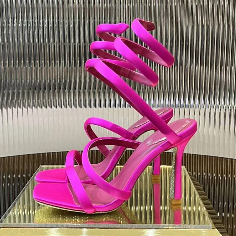 Summer Silk Satin Thin High Heel Sandals Women Square Toe Narrow Band Elastic Band Gladiator Sandalias Sexy Party Dress Shoes
