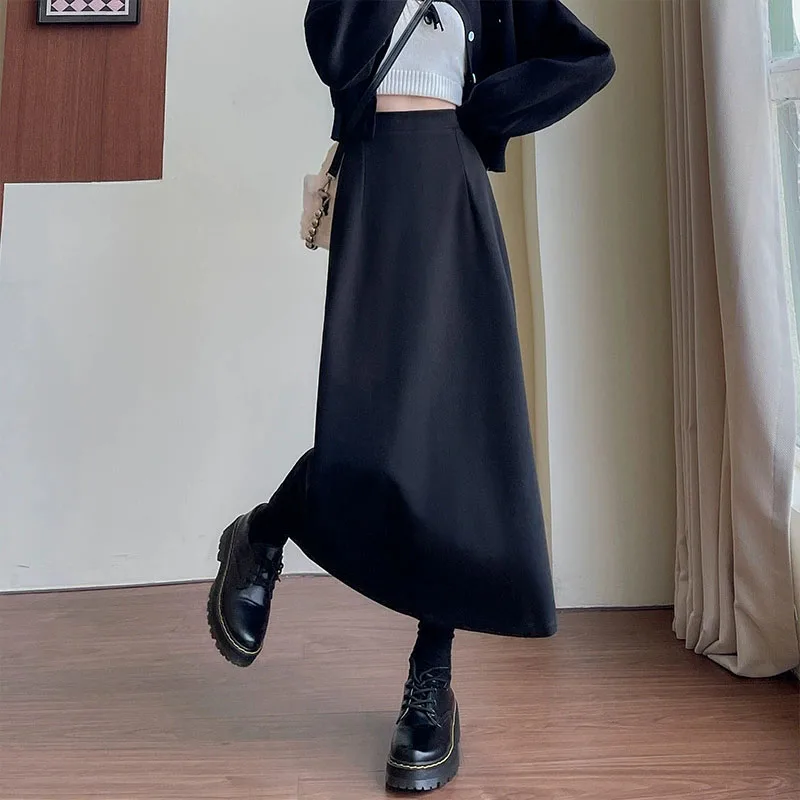 Fall Woolen Long Skirt for Women Elegant Loose High Waisted Ankle Length A-Line Skirts Woman Vintage Versatile Split Midi Skirts