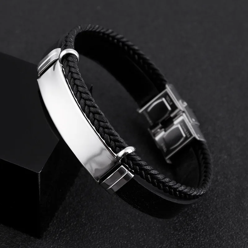 Homme Stainless Steel Bracelet Double Layer Twist Braid Leather Rope Bracelets For Men Hiphop Rock Fashion Jewelry Accessories