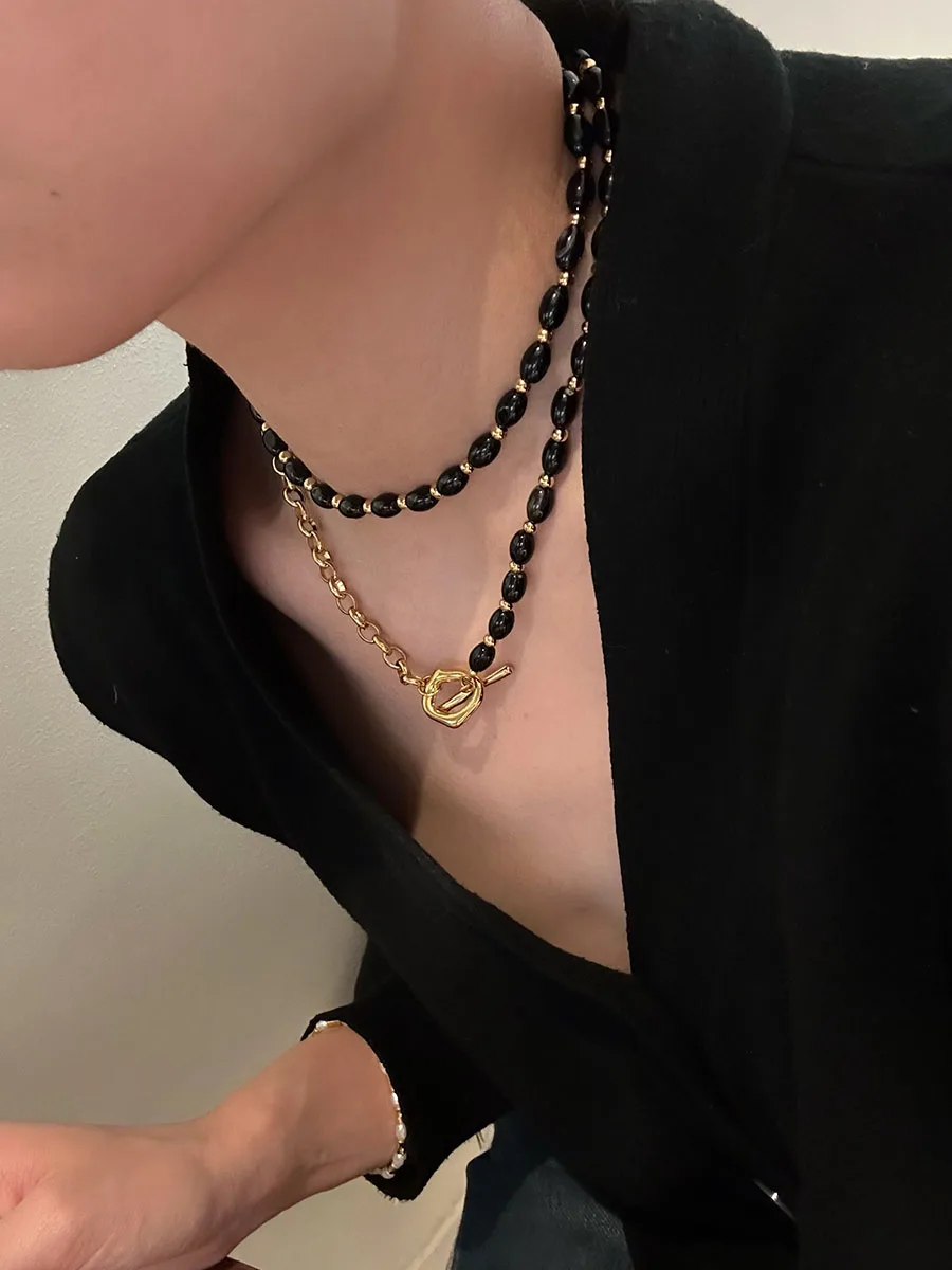 Black agate beaded long necklaces stainless steel sweater necklaces vintage elegant black stainless steel jewelry non tarnish