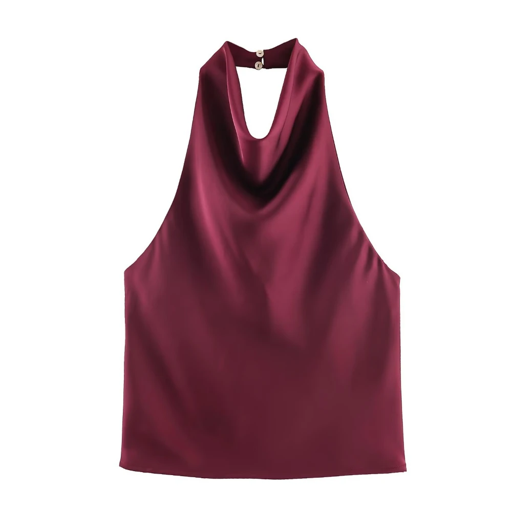 French Style Retro Hanging Neck Backless Hidden Buckle Top Women's Fashion Temperament Simple Solid Color Sleeveless Top