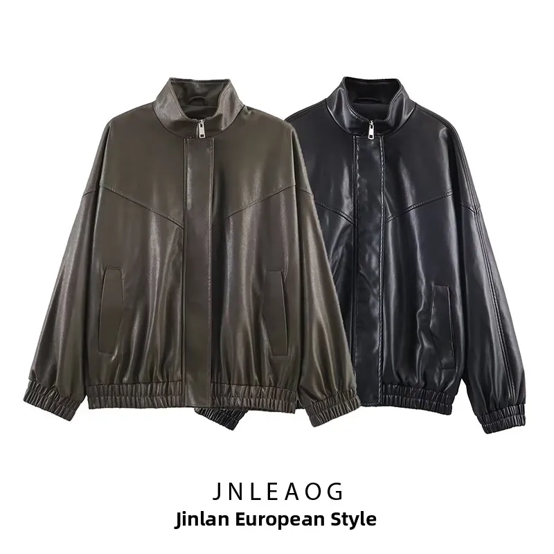 

JNLEAOG Новая осенняя женская модная куртка-пилот с воротником-стойкой, верхняя одежда из полиэстера, с длинными рукавами, на молнии, универсальная, приталенного кроя