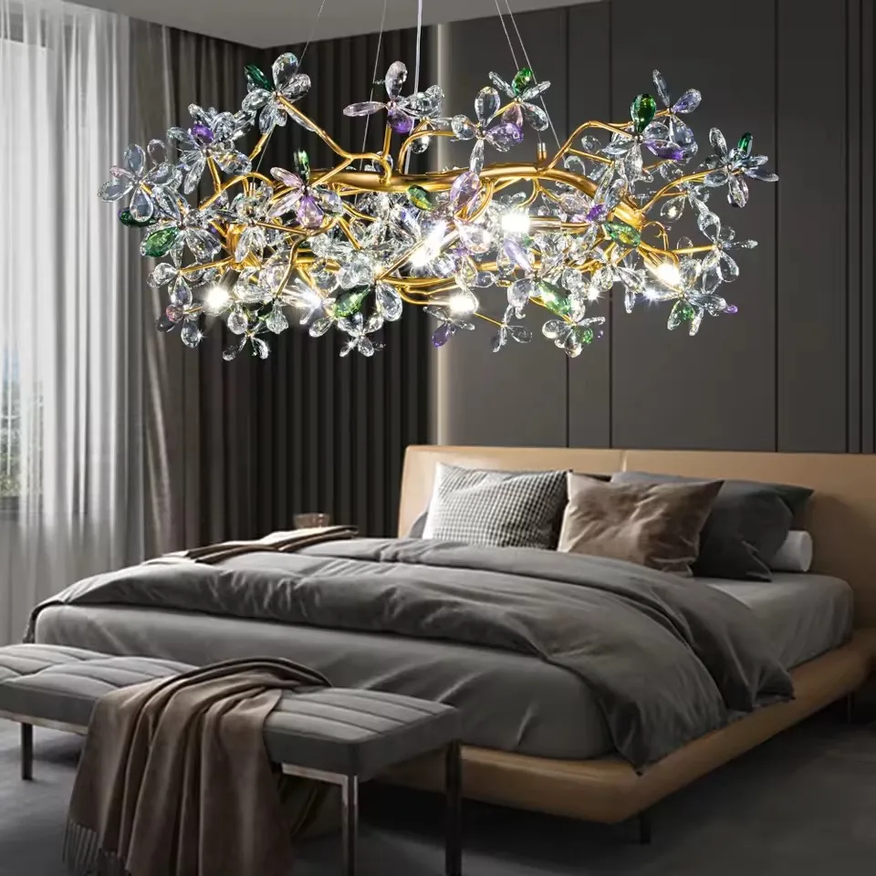 Color Crystal Flowers Chandelier Gold Long Round Hanging Light Luxury Villa Living Dining Room Lamp