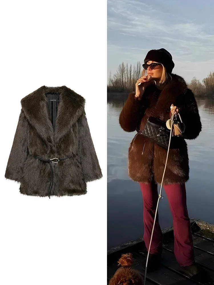Autumn And Winter New Europe And The United States Retro Style Brown Faux Fur Effect In The Long Coat Coat Women's Clothing
