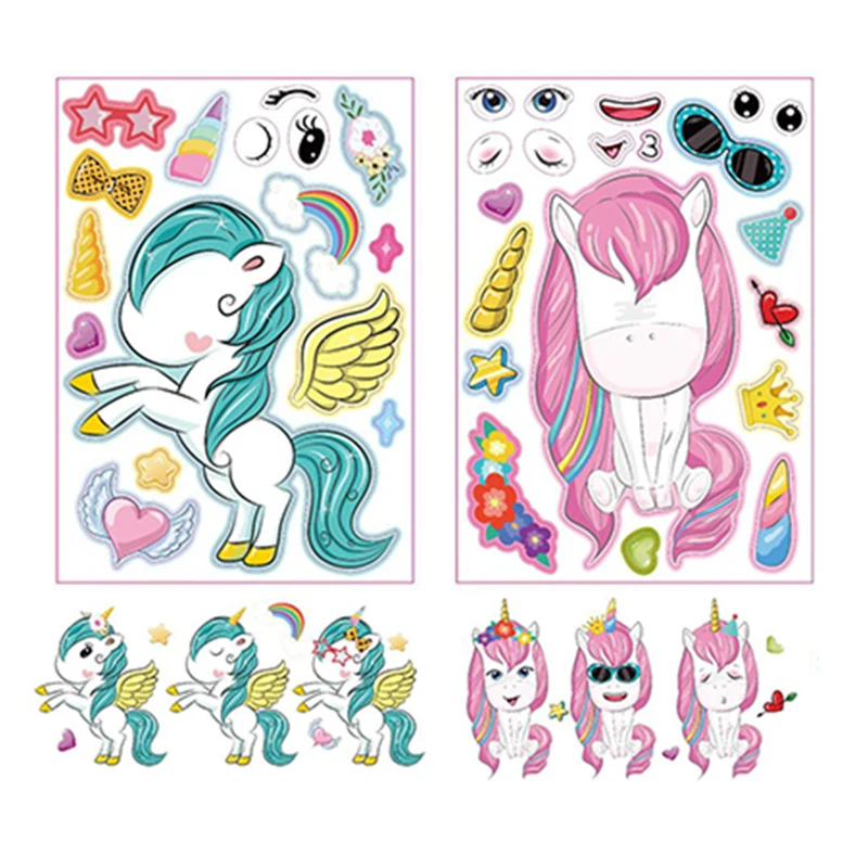 12Sheets/Set Cartoon Unicorn Make A Face Assemble DIY Sticker Children Handmade Creative Kawaii Stickers Decoration Supplies